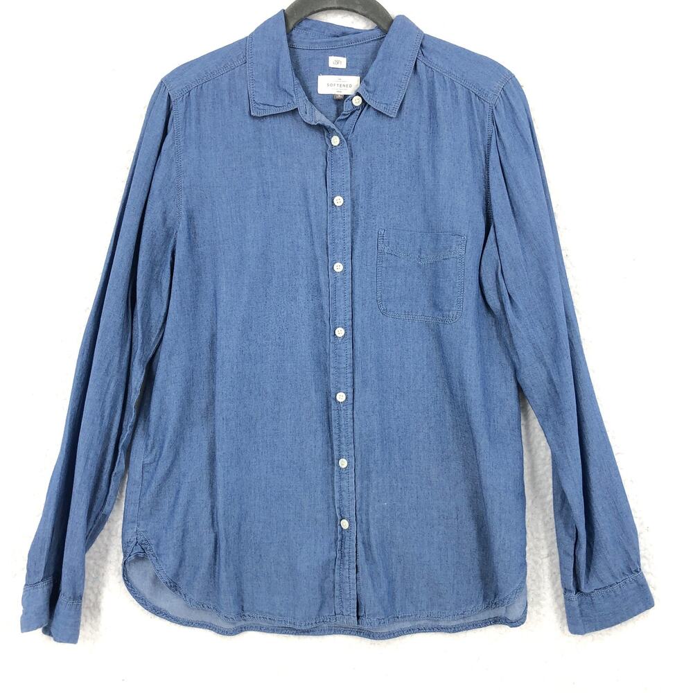 LOFT Womens Top Small Blue Chambray Softened Shirt Button Front Long Sleeve